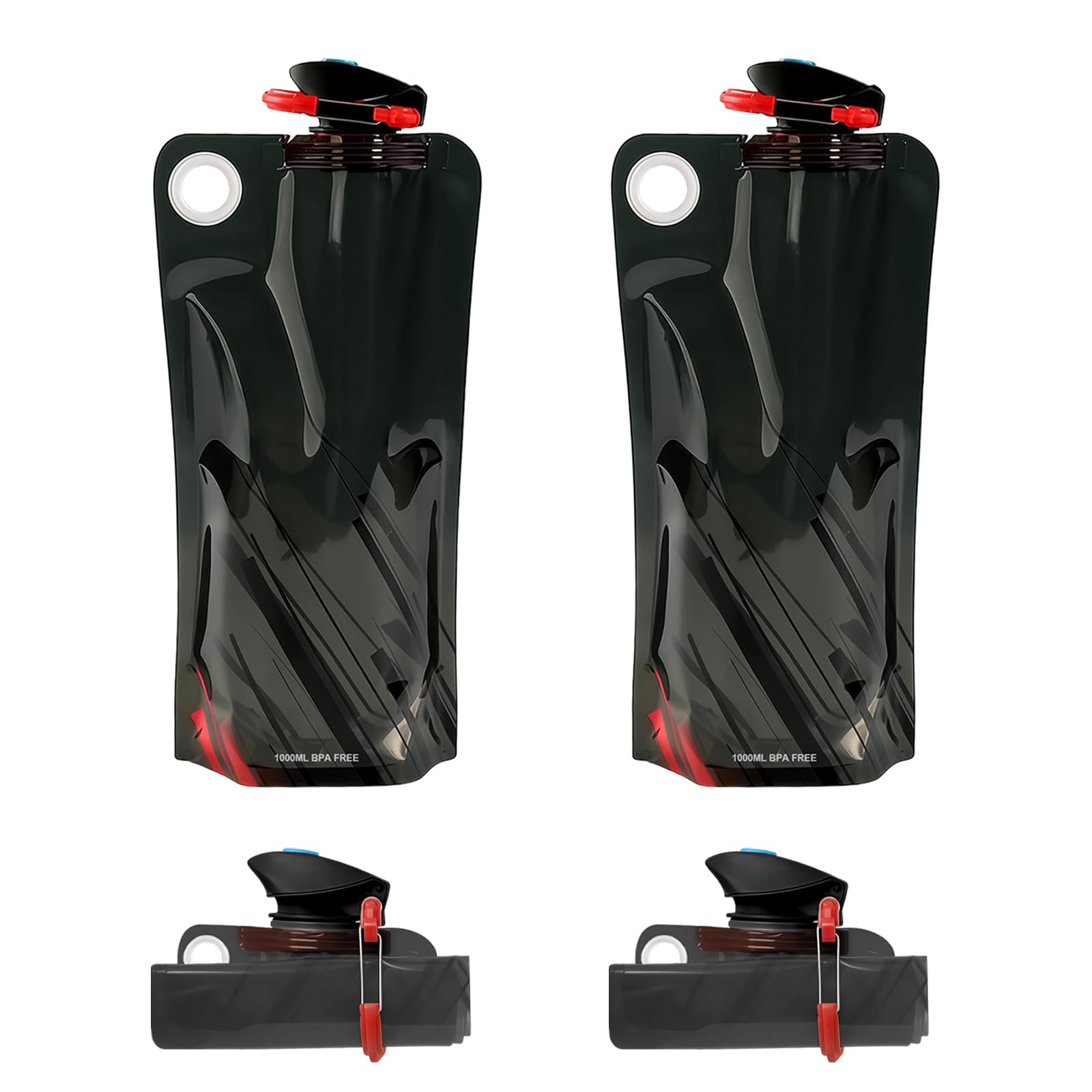 flintronic Foldable Sports Bottle, 2pcs Foldable Water Bottle 1000mL, Reusable BPA Free Collapsible Water Bottle, Flexible Drink Pouches Bags with Clip for Outdoor Sports, Travel, Biking, Hiking