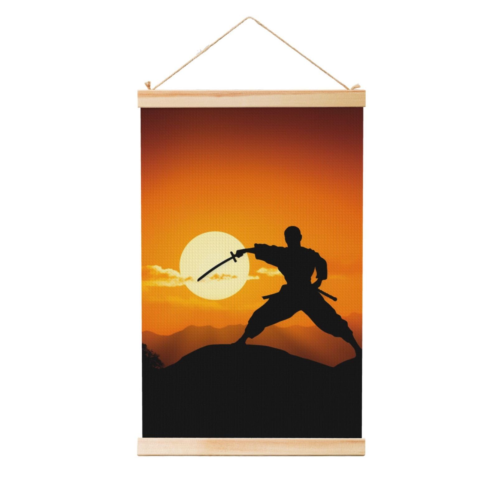 Sun Karate Silhouette Poster Wooden Shaft Hanging Poster Wall Hanging Banner Canvas Artwork with Wood Frames 20"x30" Modern Artwork Decor Ready to Hang Wall Art for Home Decor Scroll Painting