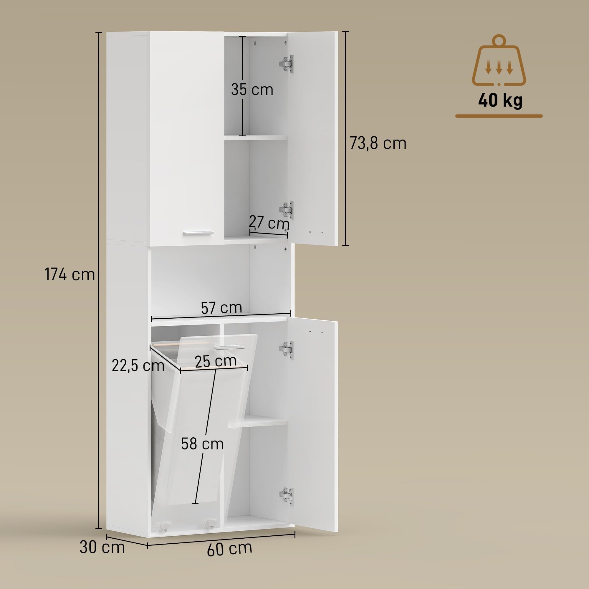 HOMCOM Badezimmerschrank Badschrank Wäschekorb 60 x 30 x 174 cm Weiß