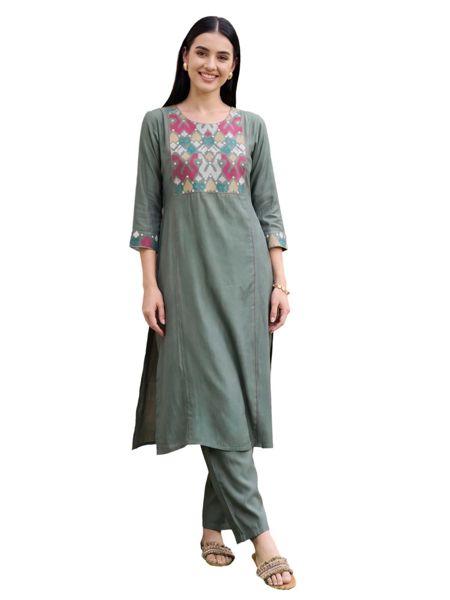 Women's Silk Blend Embroidered Mirror Work Kurta & Pant Set | Cord Set For Women-image-28