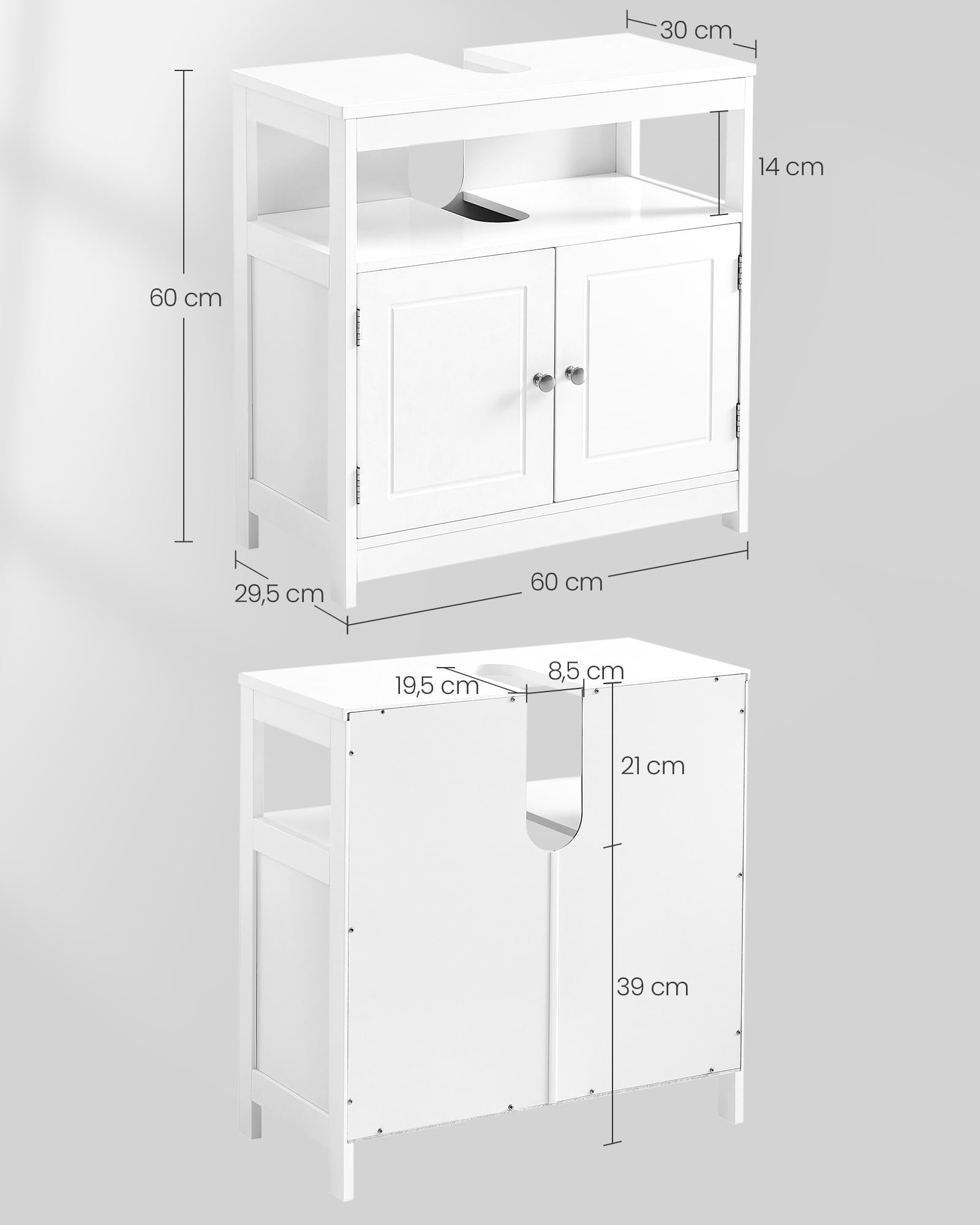 VASAGLE Waschbeckenunterschrank, Badezimmerschrank, Aufbewahrungsschrank, 30 x 60 x 60 cm, mit 2 Türen, offenes Fach, mit Griffen, wolkenweiß BBC301W01