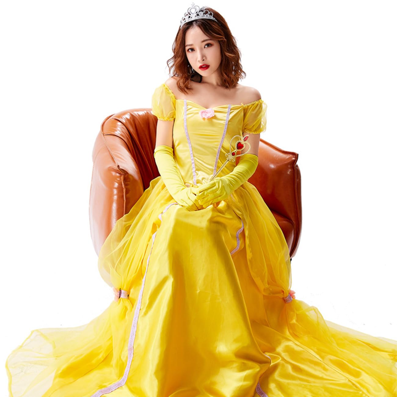Déguisement Princesse Belle Femme et Gants Adulte Cosplay La Belle et la Bête Longue Tulle Reine Robes de Soirée Fancy Dress Halloween Noël Carnaval Anniversaire Fête Costume Jaune