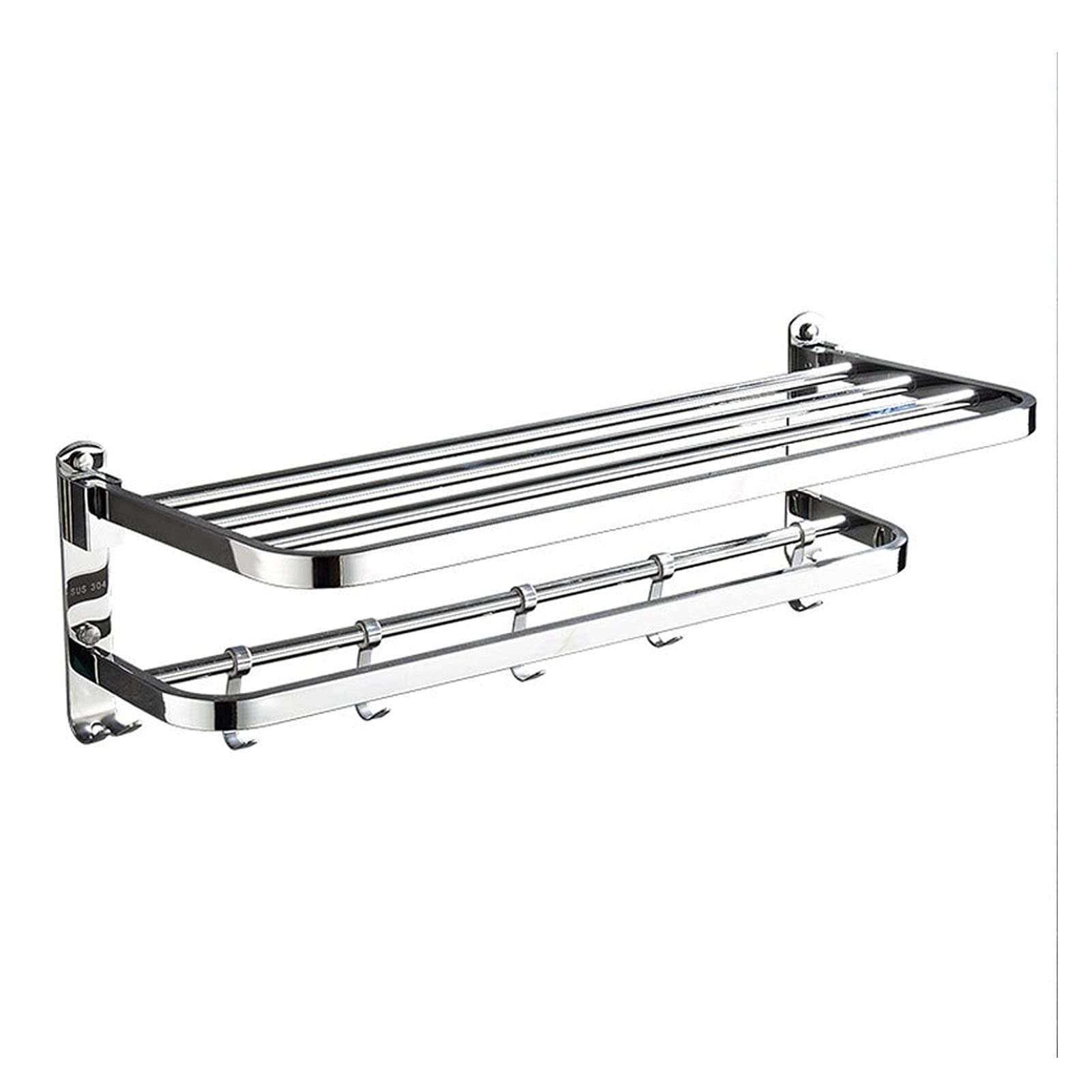 TOMYEUS Shower Caddy Bathroom Shelf Bathroom Shelf Double Towel Bar Holder with Hooks Wall Mounted Multifunctional Foldable Brushed