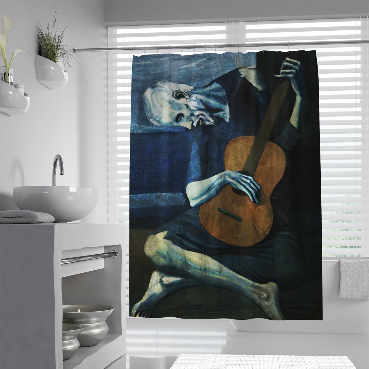 OLLIAR Home Blue Classic Art Shower Curtain The Old Guitarist Abstract Oil Painting Shower Curtains for Bathroom Decor Fabric Bath Curtain Set with Hooks 100x200cm