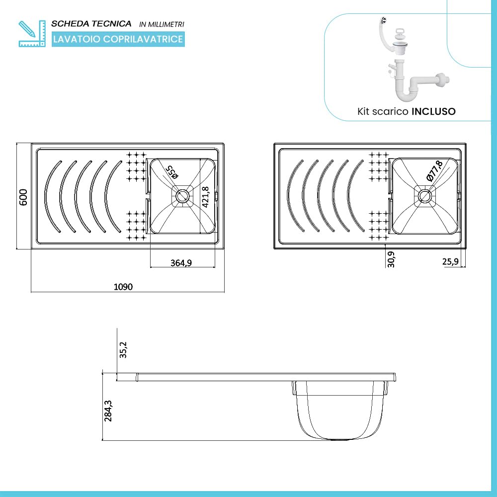 Inbagno Lavatoio e Coprilavatrice con Mobile in PVC 109x60x85 cm Bianco Vasca Destra