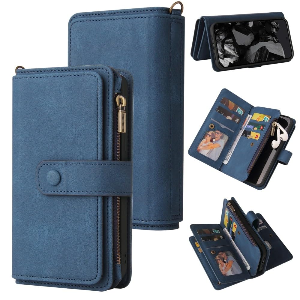 Generic custodia compatibile con Google Pixel 6 (colore: blu) portafoglio in pelle con cerniera 15 scomparti per carte di credito flip cover posteriore