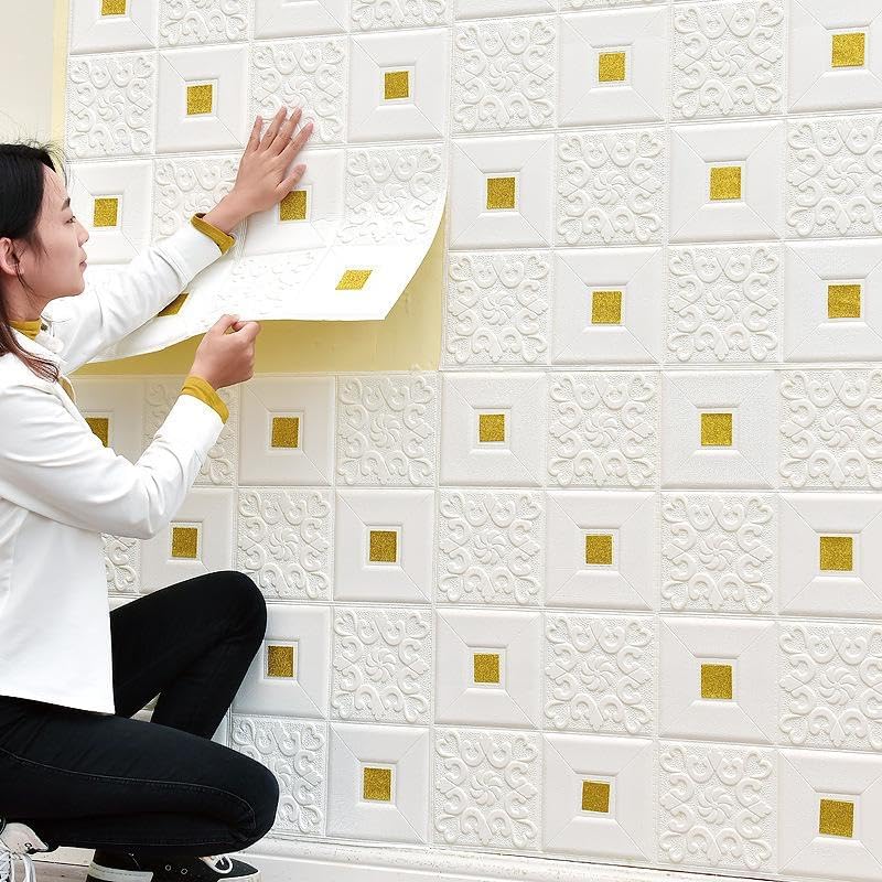 Image of TEKCOOL Self-Adhesive Waterproof PE Foam 3D Wall Panels Wallpaper Sticker for Bathroom, Living Room, and Home Decoration (70 x 77cm, Appx. 5.8Sq Feet)-1 piece