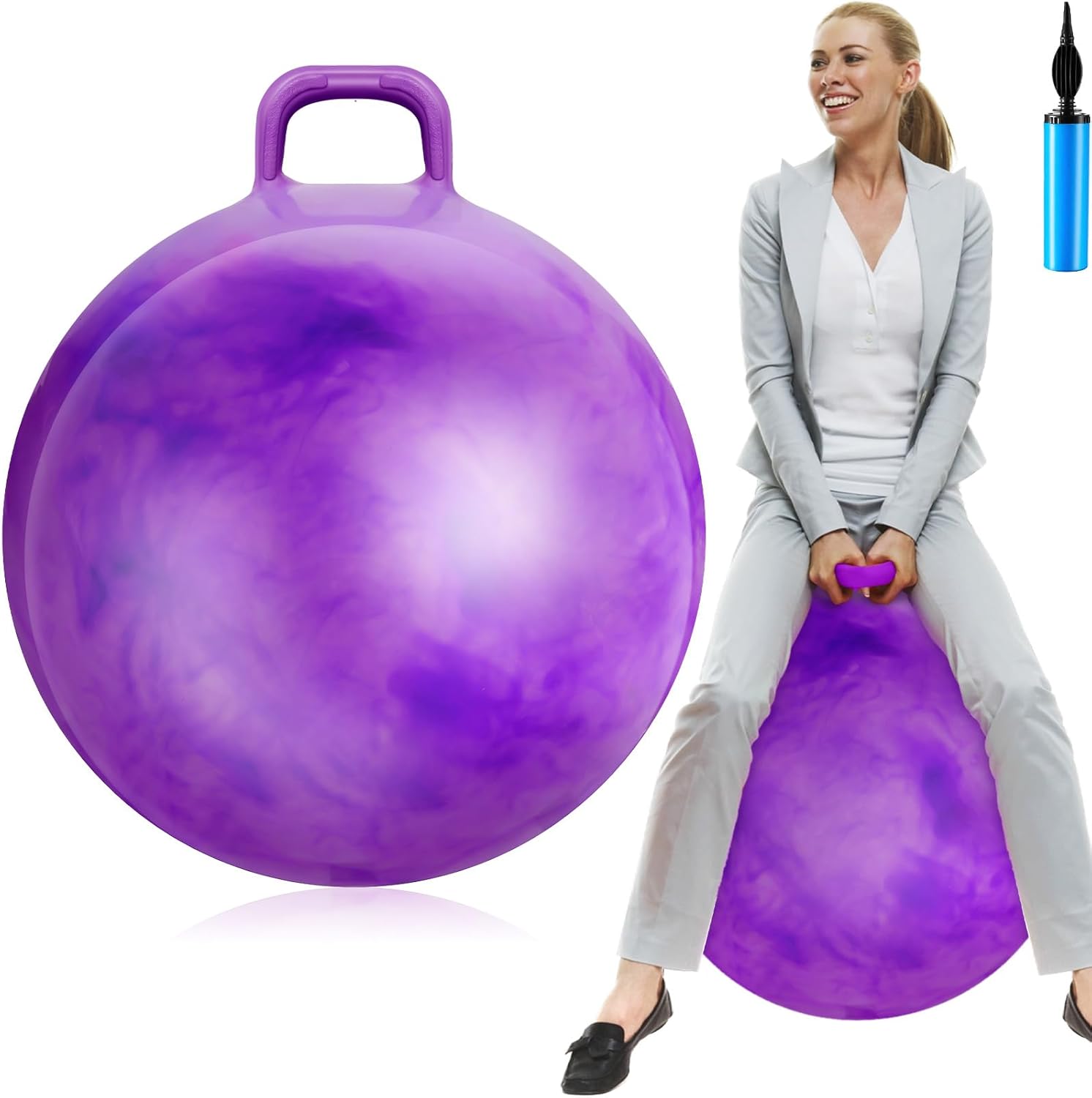 Lewtemi Hopper Ball for Adults, 29 Inch Bouncing Ball Hippity with Handle Rubber Hop, Jumping Hopping Exercise with Air Pump for Outdoors Sports Exercise (Pink Purple Cloud)