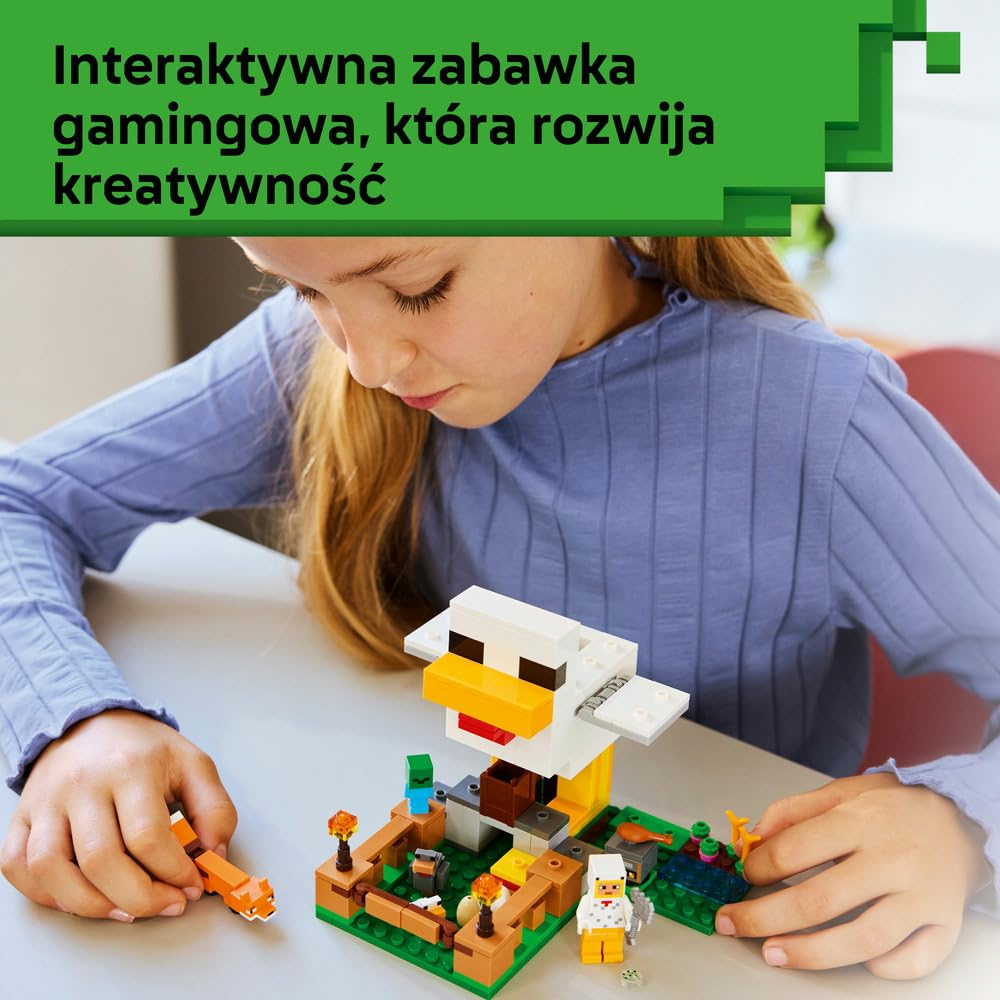 LEGO Minecraft Farma kurczaków, zabawka konstrukcyjna dla chłopca i dziewczynki z figurkami zwierząt i kurnikiem, pomysł na prezent dla 7-latka i gamingowa ozdoba do pokoju dziecięcego 21585