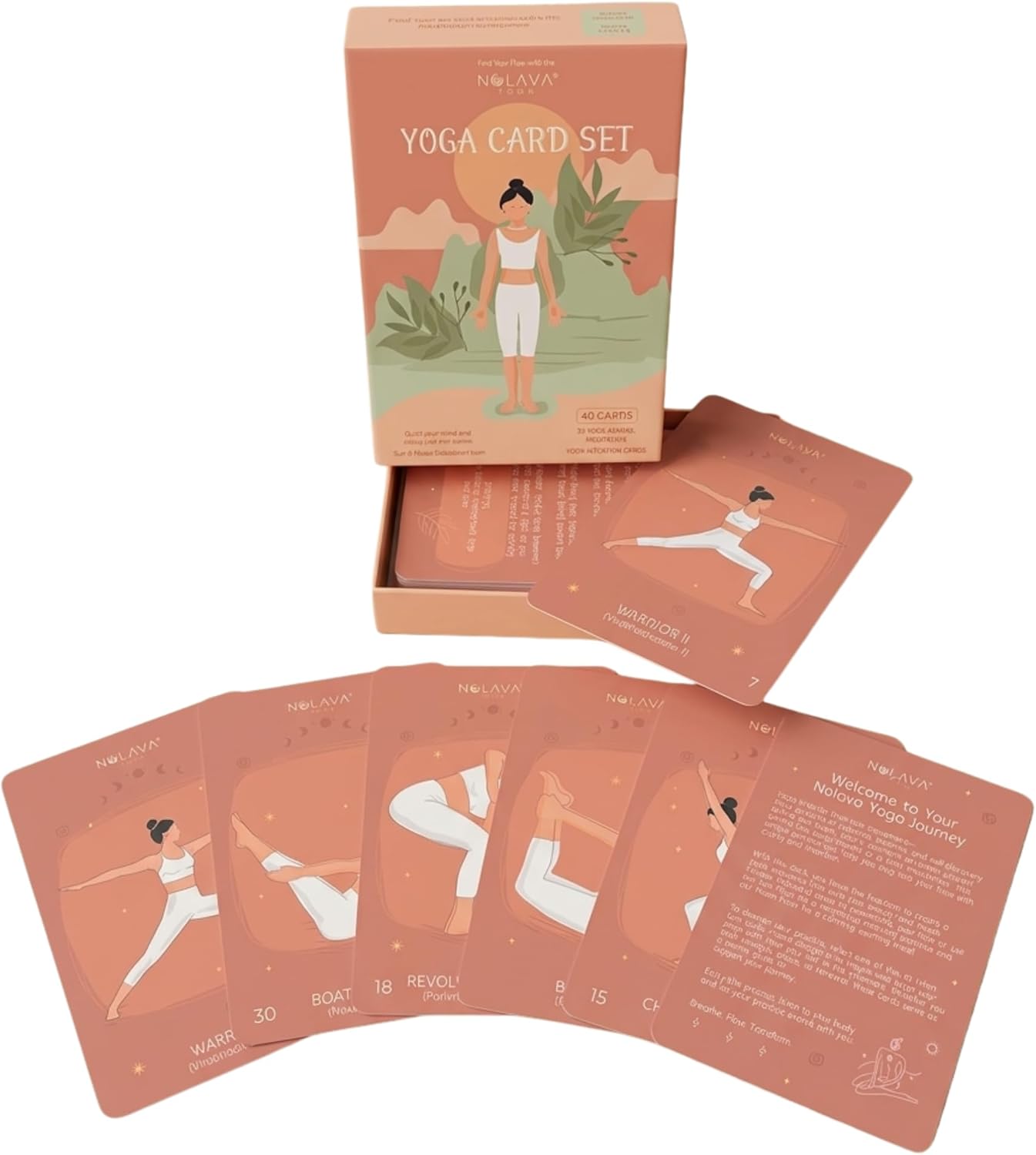 NOLAVA Yoga Card Gift Set – Large 4"x6" Yoga Cards with 30 Poses, 10 Intentions, Sun/Moon Flows & Guided Meditation – Sweat-Proof, Wipe-Clean Deck with English + Sanskrit – Perfect Yoga Gift for Women
