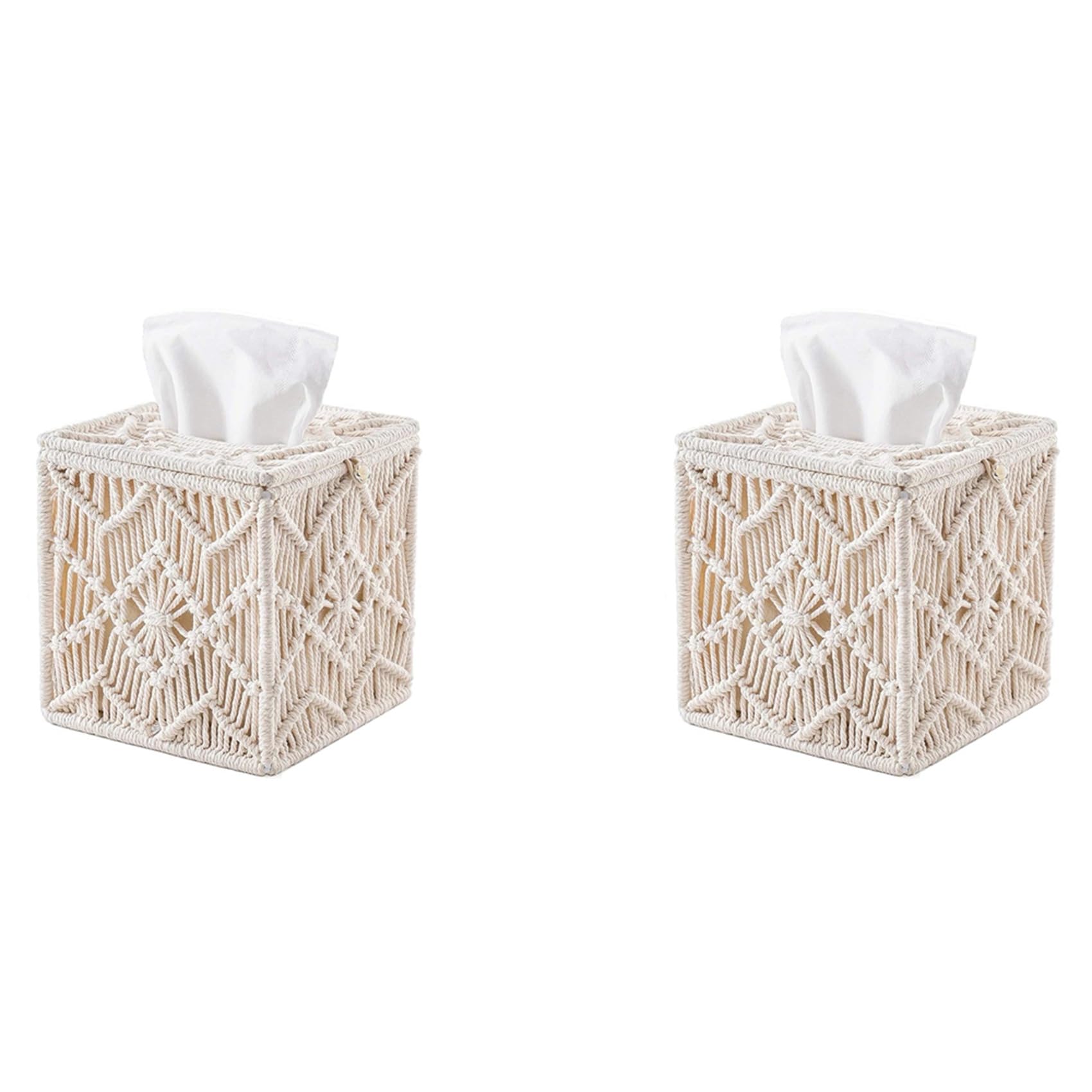 Vjsujehgy 2X Tissue Box Cover Boho Decor Square Paper Tissue Holder with Bead Buckle Macrame Napkin Tissues Organizer Home Decor
