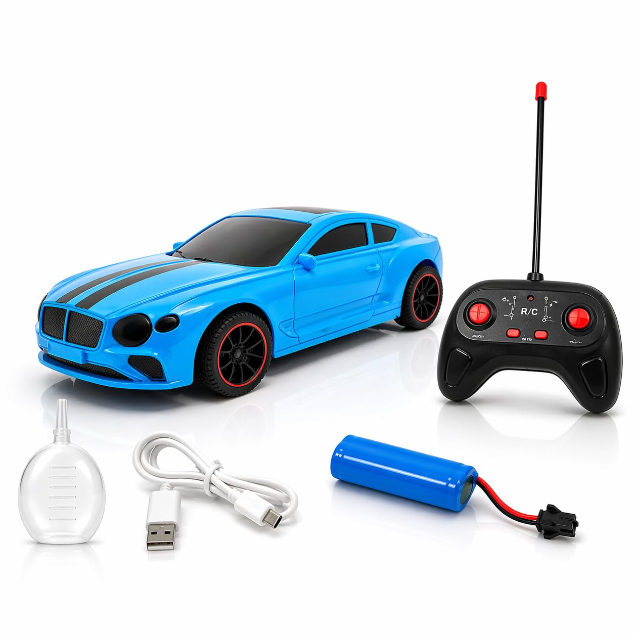 the flyers bay famous millionaire remote control car for kids 4+ with music, 3d lights, water spray, rechargeable battery, 7 function rc toy car with type-c charging (blue)