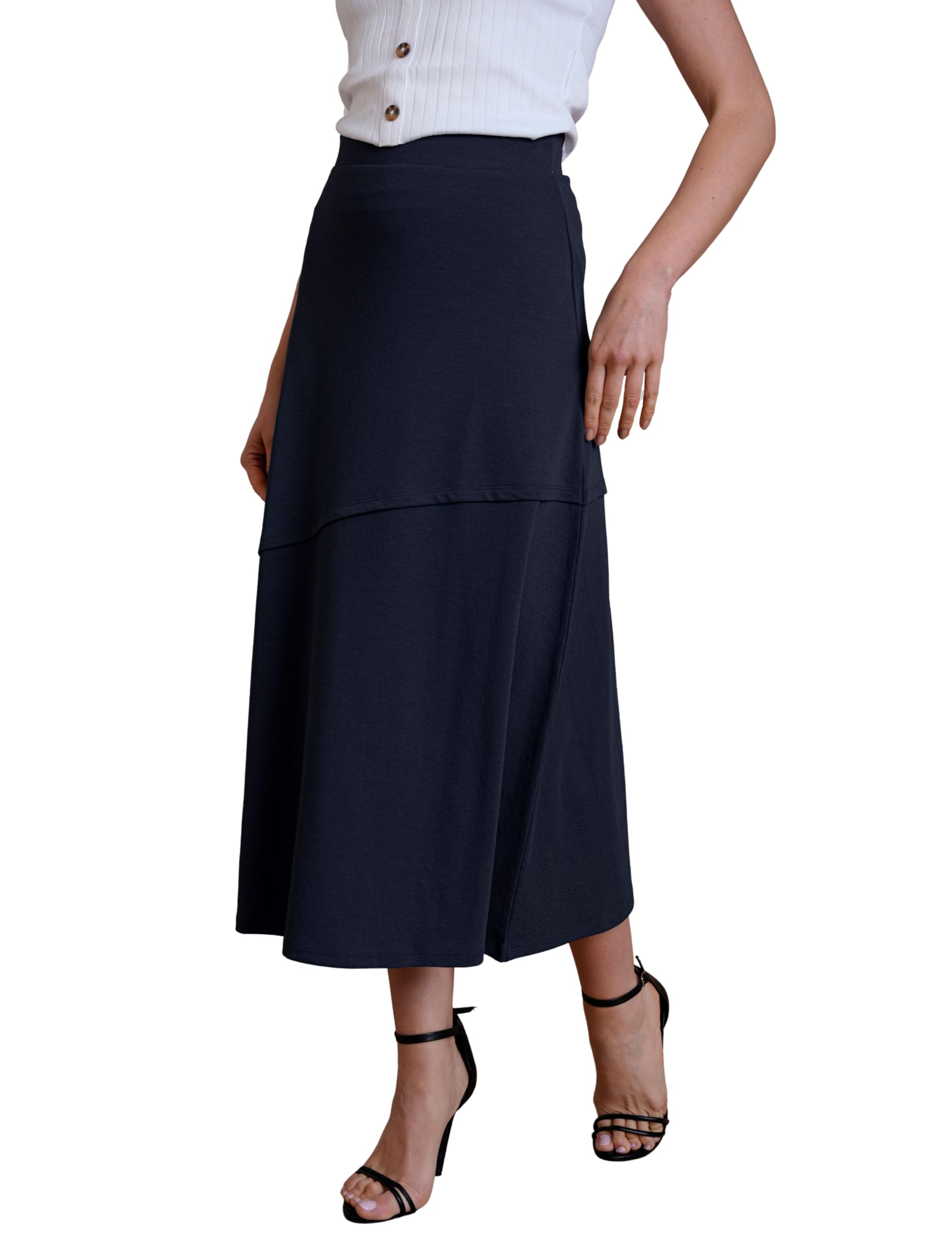 Enorsia Womens Jersey Midi Skirt A-Line Fit with Seam Detail – Soft Breathable Fabric, Elastic Waistband, Flowy Casual Work Skirt for Office, Travel & Daily Wear (14, Navy)