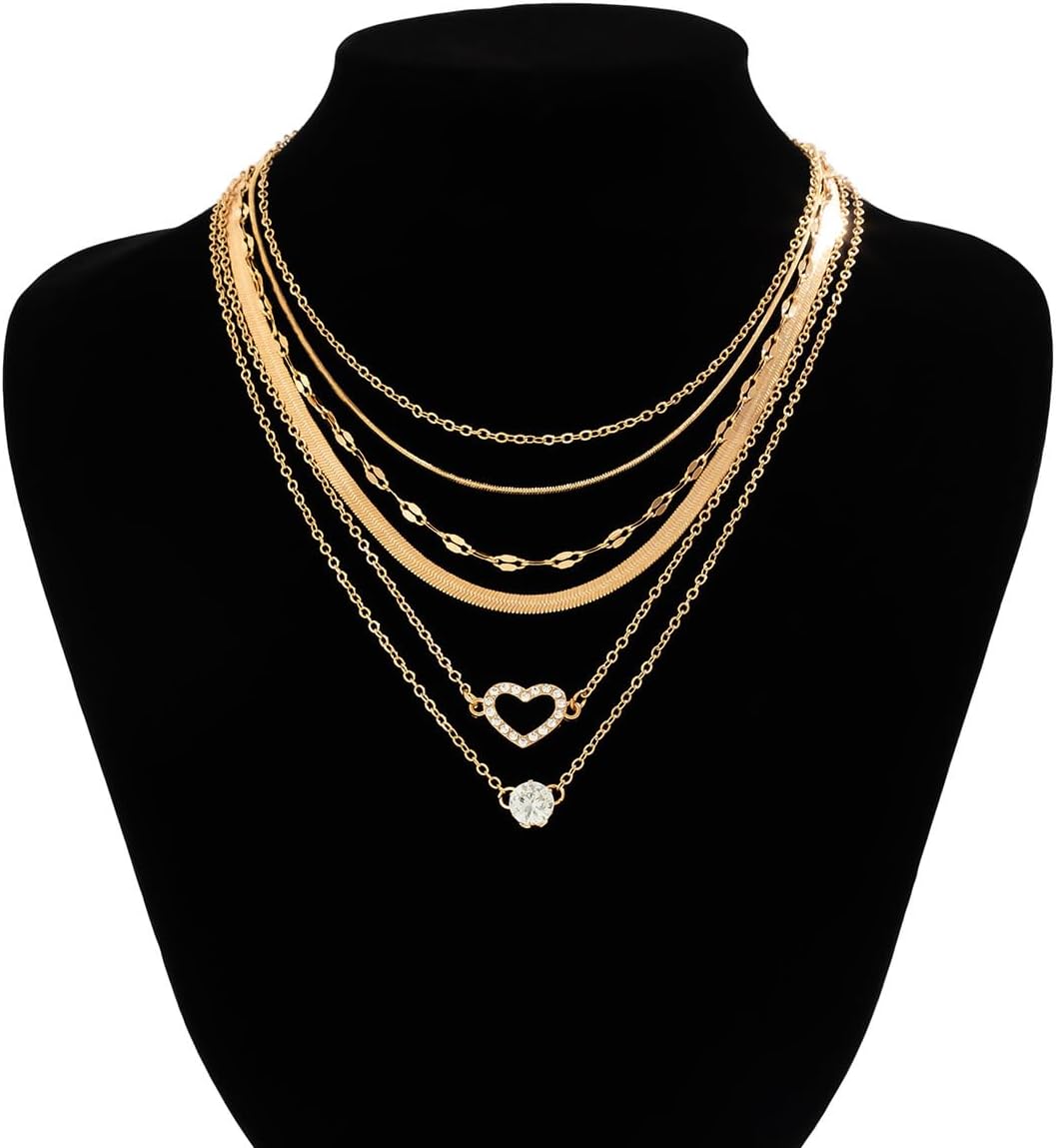 GIGB PBDK 14k Gold Layered Necklaces for Women,Boho Rhinestone Heart Pendant Stacked Necklace Set,Personality Snake Bone Chain Necklace Jewelry Gifts - Image 6