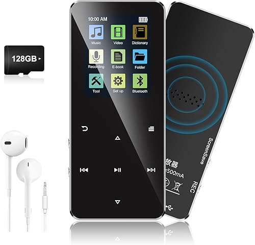 Reproductor de MP3 de 128 GB, reproductor de música Daakro con Bluetooth 5.0 Shuffle, bucle único, radio FM, altavoz HD integrado, grabadora de voz,