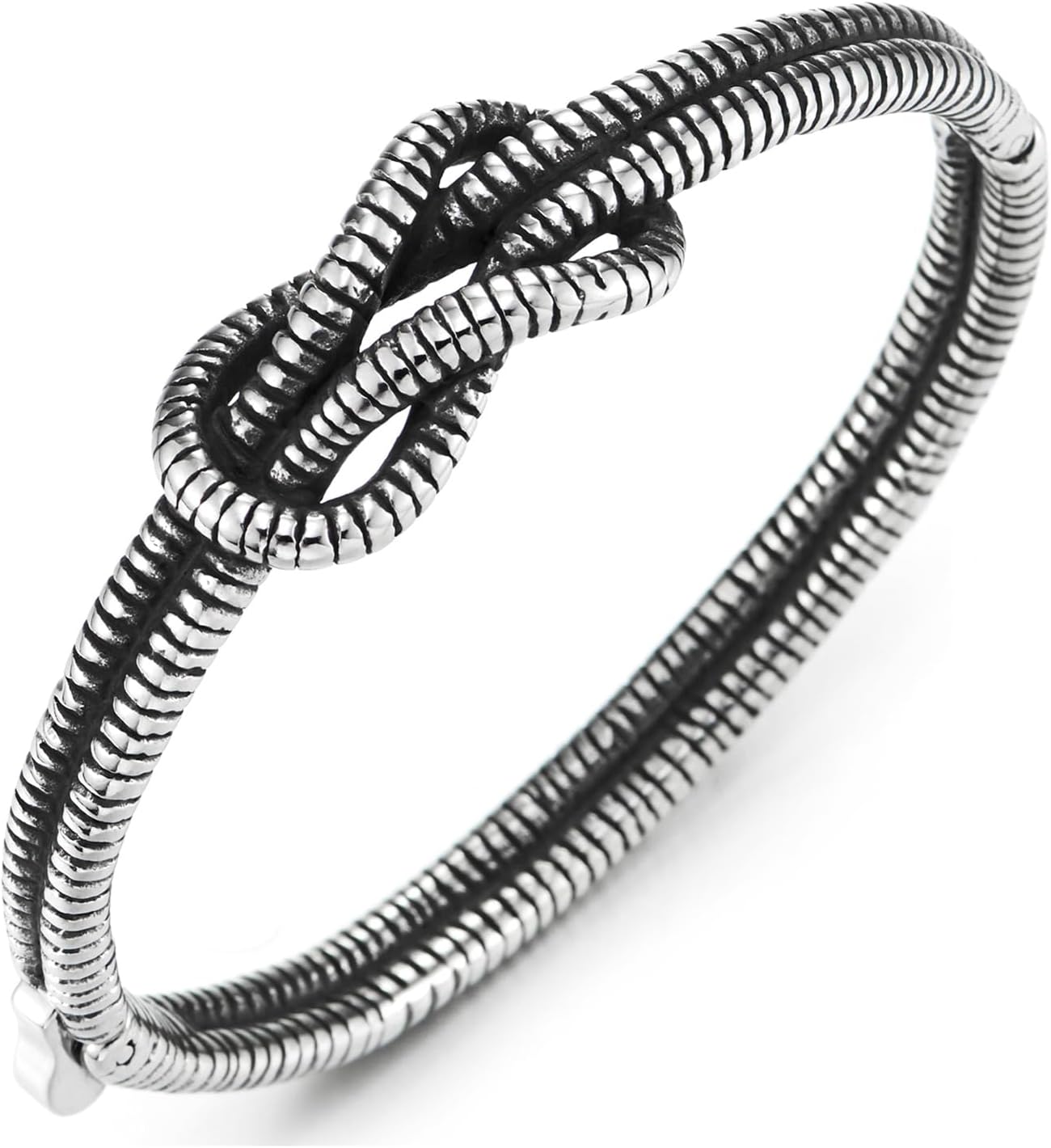 COOLSTEELANDBEYOND Stainless Steel Infinity Knot Bracelet for Men Women, Vintage Coiled Cable Wire Bangle, Double Rope, Hinged Clasp