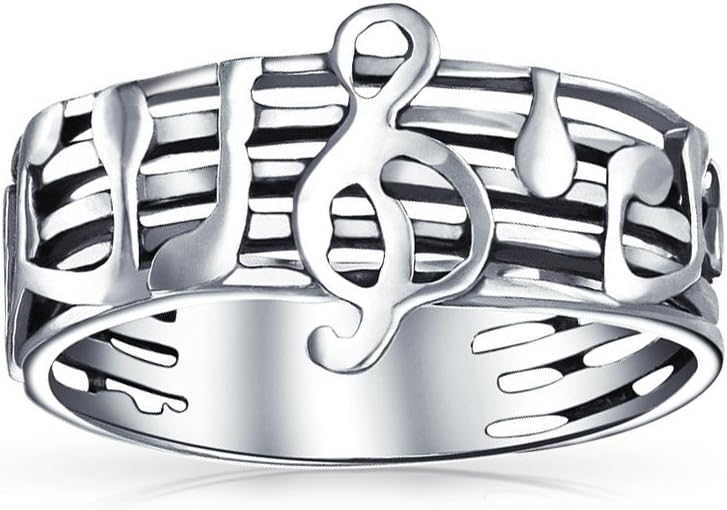 Bling Jewelry Personalize Musician Student Teacher Bar Measure Treble Clef Note Music Band Ring For Teen For Women Oxidized .925 Sterling Silver Customizable
