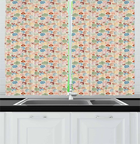 Lunarable Seashell Kitchen Curtains, Tropical Beach Themed Background with Nautilus Scallops Cockle and Oyster, Window…