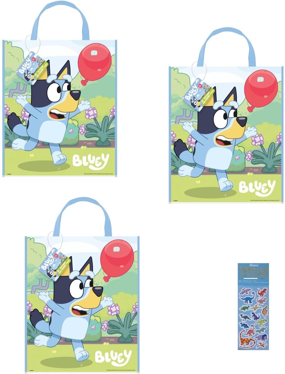 Unique Bluey Birthday Party Supplies Bundle includes 3 Large Plastic Party Favor Tote Bags 13" x 11" and 1 Dinosaur Sticker Sheet