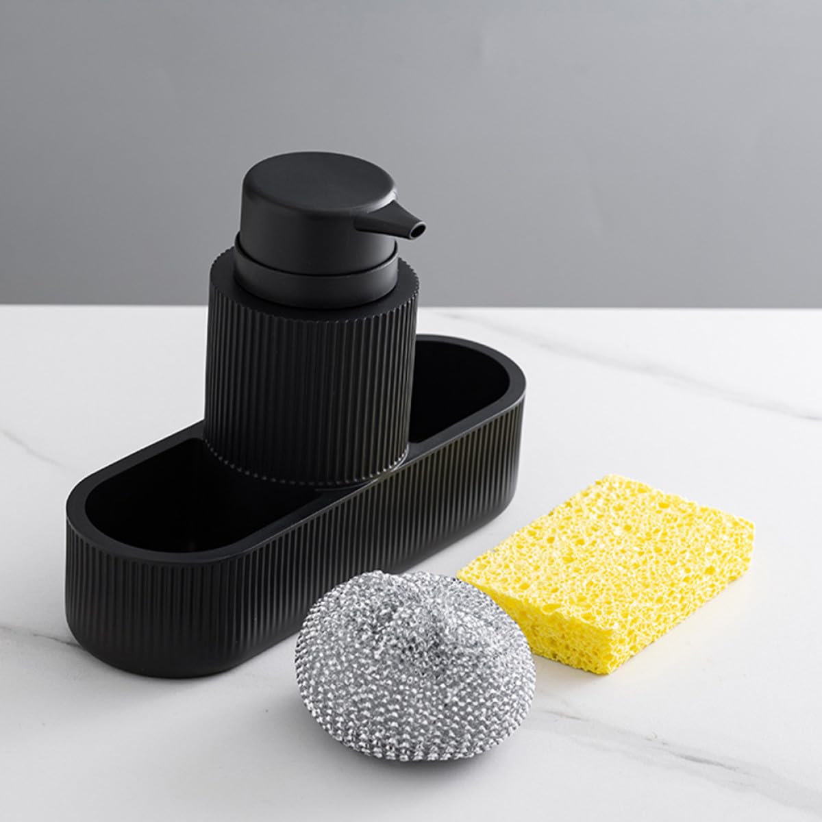 Dispenser di Sapone e Porta Spugna per Lavello Cucina Set Completo Erogatore a Pompa Nero Controllo senza Sforzo per Detersivo Piatti Organizzatore Lavaggio a Mano