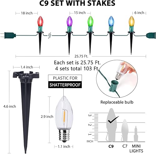 Miniatura 2 de Luces de Navidad C9 para exteriores, 4 paquetes en total de luces de camino de Navidad de 103 pies con 80 bombillas LED y estacas, decoraciones de