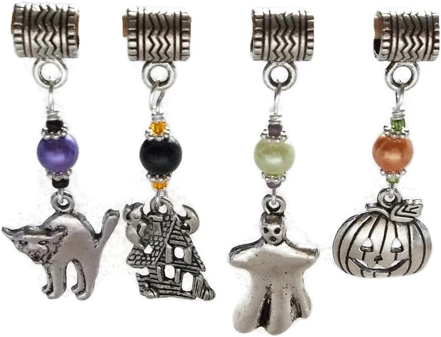 4pc Halloween Euro Charm Set Large Hole Beads Cat Haunted House Ghost Jack o Lantern