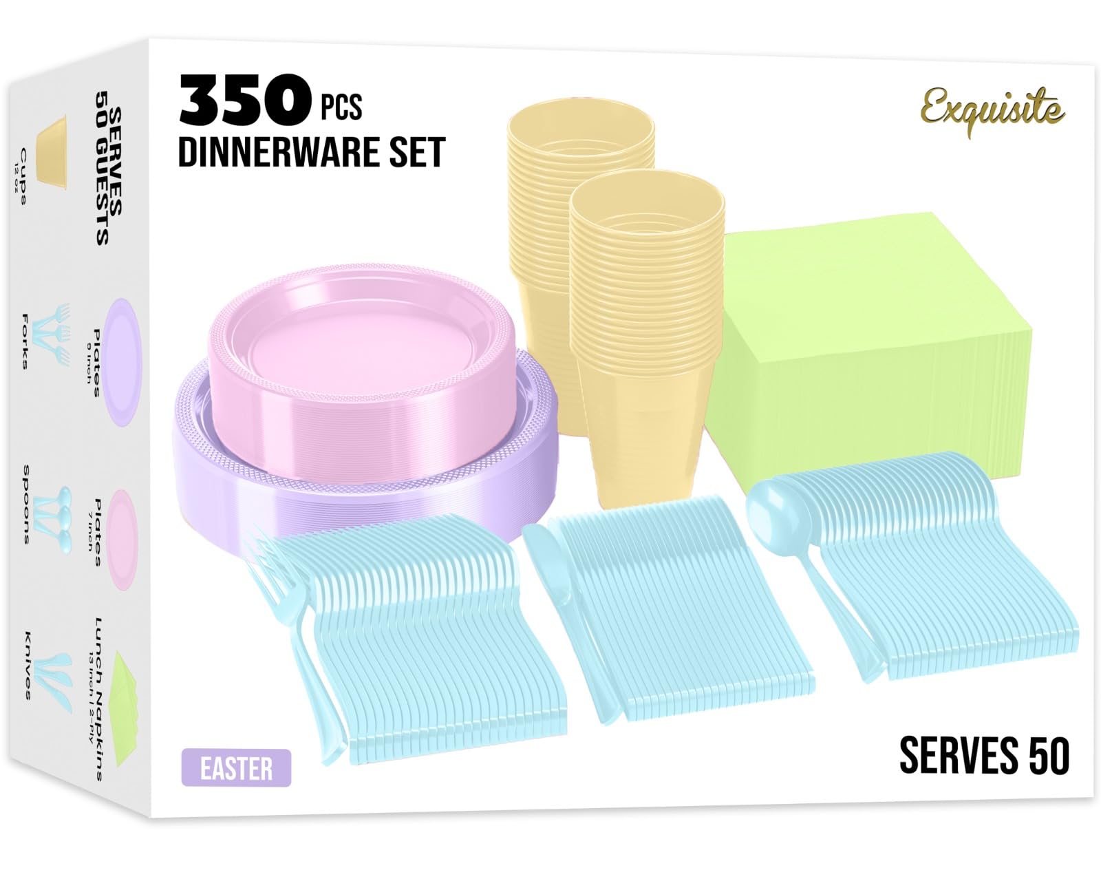 Exquisite Party Solids 350 Pieces Easter Plates For Party, Easter Disposable Plates Set, 50 Of Each 9" Dinner Plate Set, 7" Dessert Plate, Cups, Napkins &amp; Cutlery Plastic Dinnerware Set