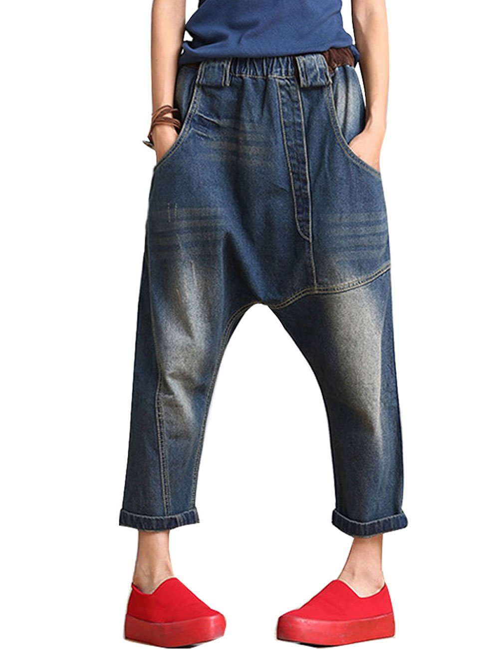 Youlee Women's Elastic Waist Wide Leg Harem Trousers Hole Jeans Style 5