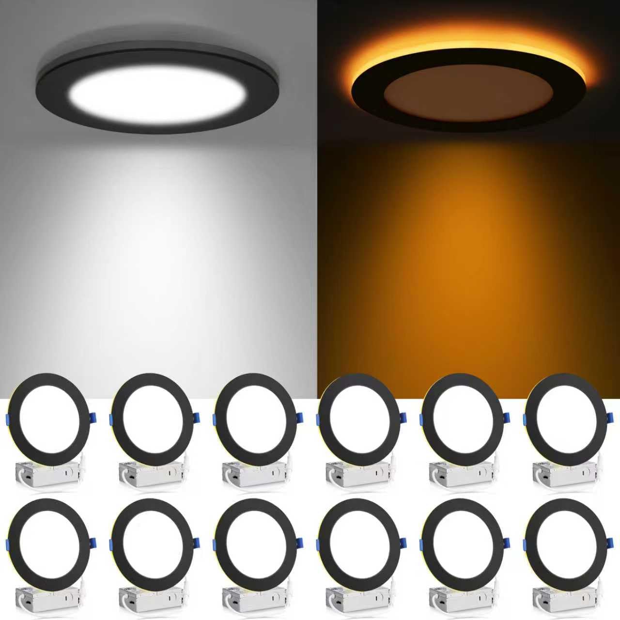 Photo 1 of Meconard 12 Pack 6 Inch 5CCT LED Recessed Ceiling Light with Night Light, 2700K/3000K/3500K/4000K/5000K Selectable Ultra-Thin Dimmable Canless Wafer Downlight, 12W=110W, 1050LM, Black Trim