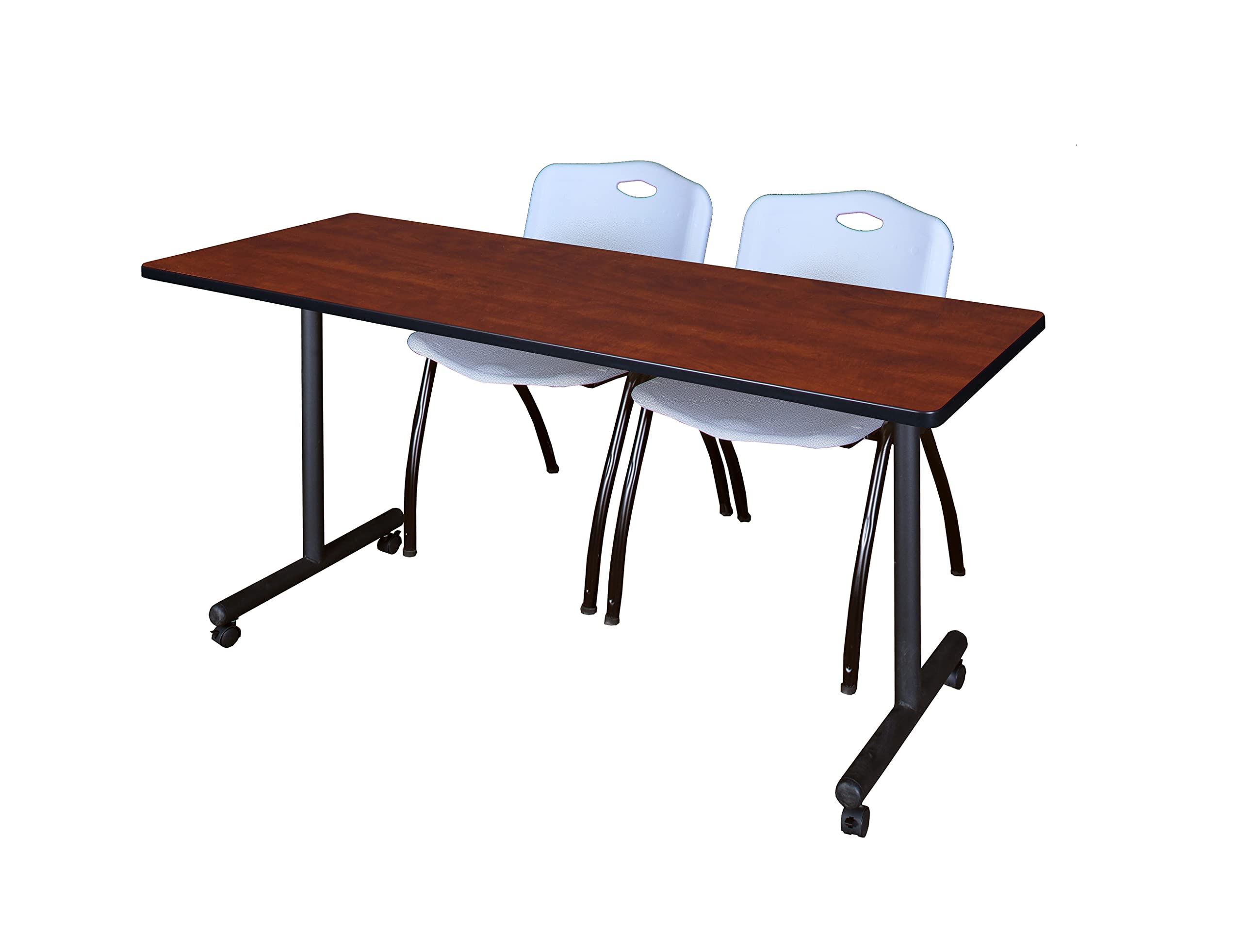 Romig Axis-Pro 60 x 24 in. Mobile T-Base Training Table- Cherry, 2 M Stack Chairs- Grey