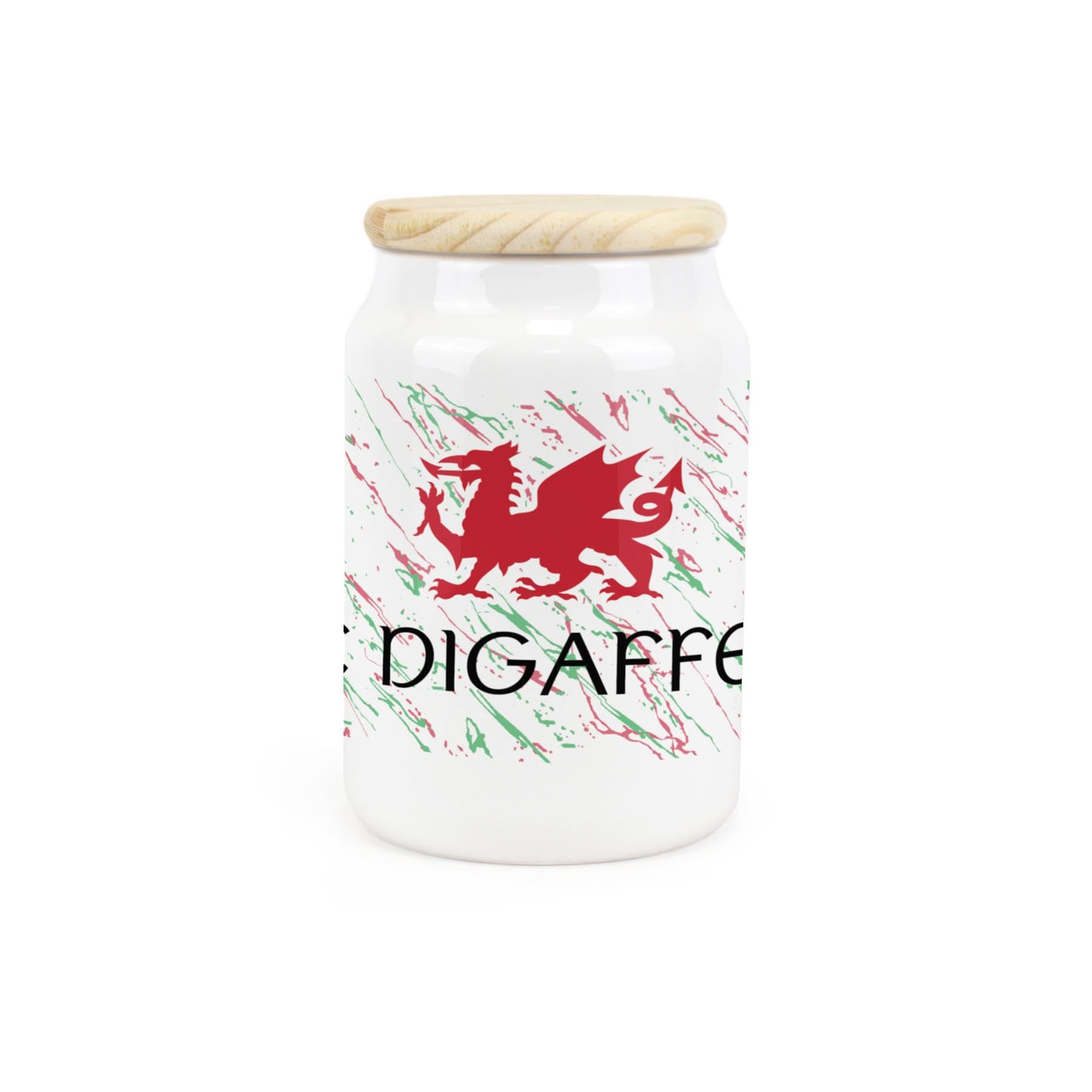 Purely Home Welsh Dragon Ceramic Decaf Tea Storage Canister - Te Digaffein Wales Souvenir Themed Kitchen Food Storage Container & Wooden Lid 600ml (14.5cm x 9.5cm)