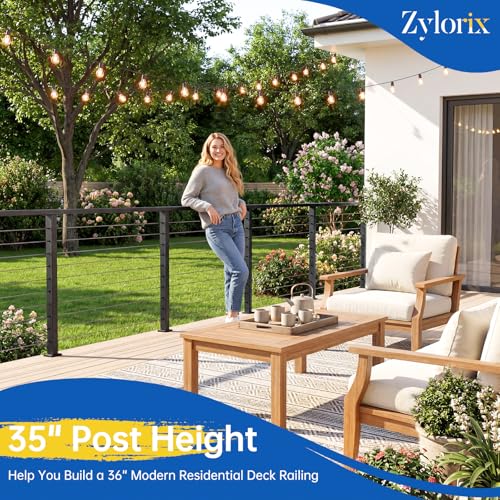 Image of 36 inch Swageless Level Cable Railing Post for Deck Cable Railing, T304 Stainless Steel Surface Mount 180 Drilled Deck Post with Upgraded Black Powder Coating for Indoor Outdoor Porch