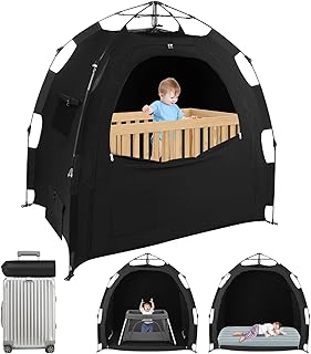 Blackout Tent for Pack N Play: Portable Baby Sleep Pod with 1-Click Setup, Mini Crib Cover with Monitor and Fan Pouches, Blocks 95% of Light, Travel Crib Canopy