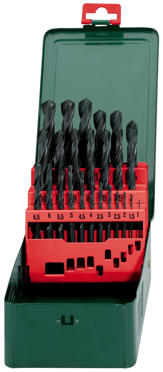 Metabo 627152000 627152000-Estuche metálico de Brocas HSS-R 25 Piezas Afilado de Superficie cónica de 118º diámetros de 1,0 a 13,0 mm x 0,5 mm, 0 W, 0 V, Negro