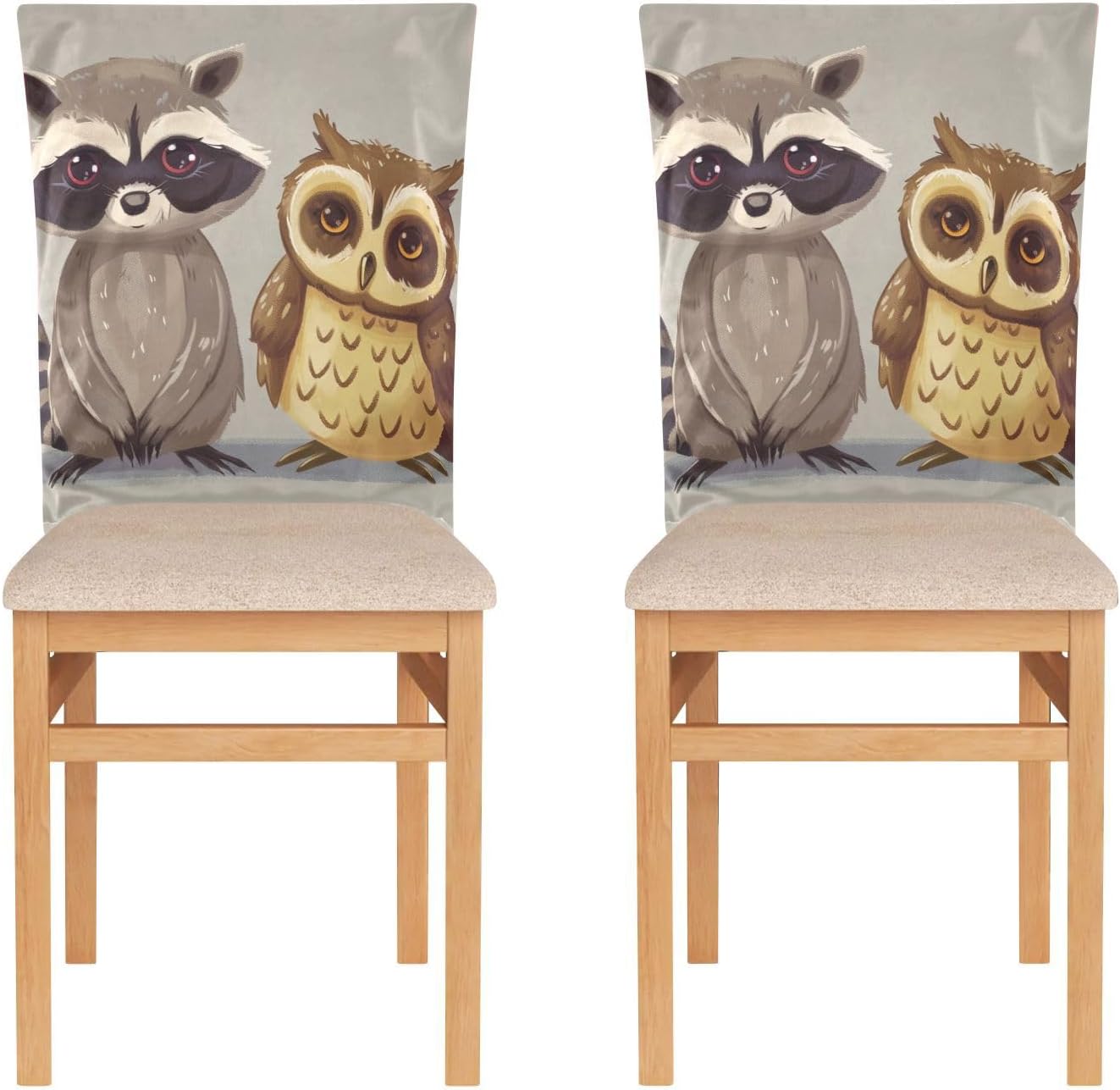 ALAZA Cute Raccoon and Owl Chair Back Cover Set of 6, Washable Reusable Removable Chair Slipcovers Decorative Chair Cover for Home Kitchen Wedding Party