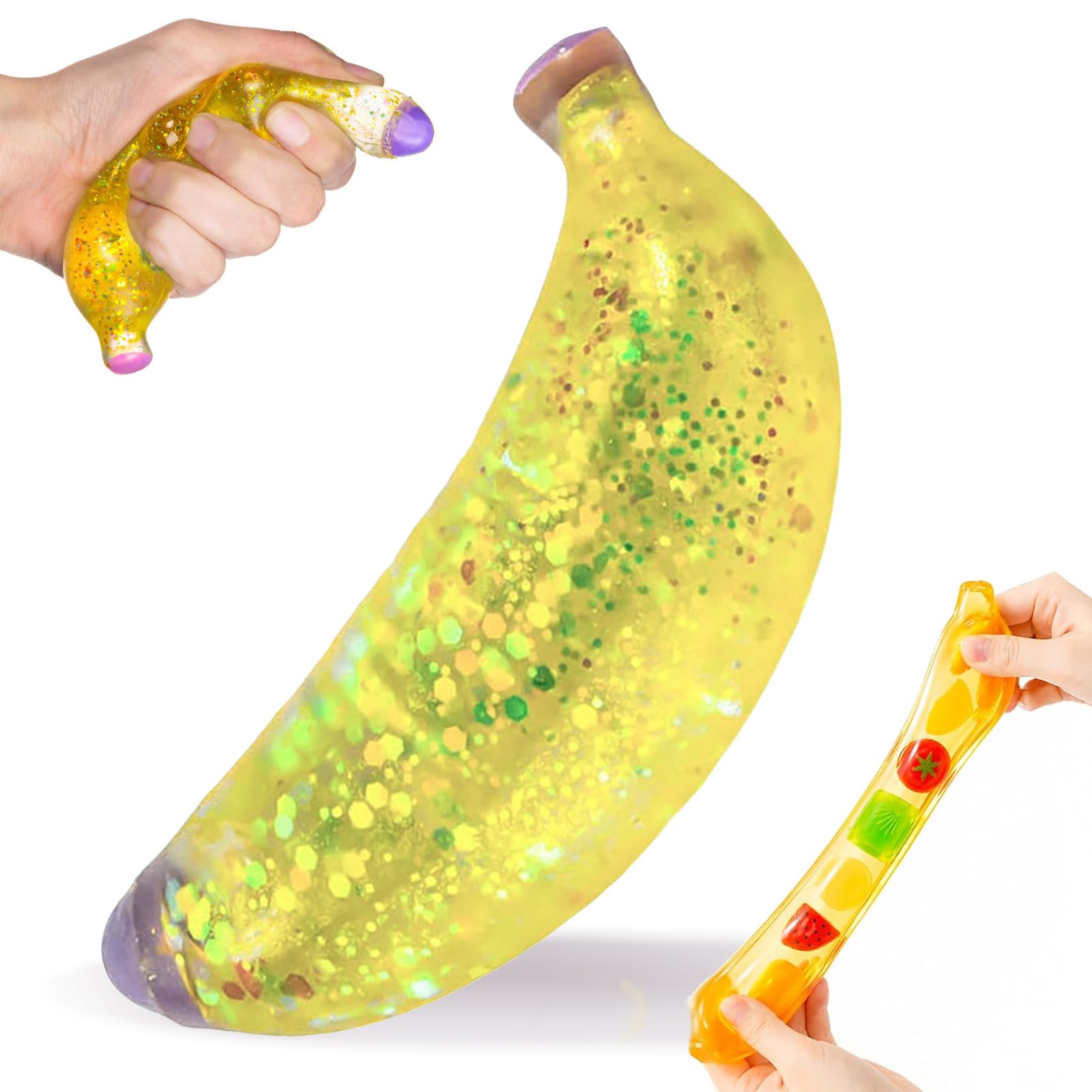 Banana Squishy, Transparent Squeeze Fidget Toy with Mixed Fruit Inclusion