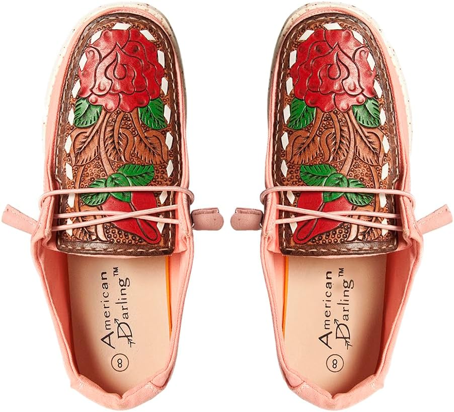 American Darling Hand tooled, carved genuine leather trim lightweight shoe footwear, slip on| Tooled Footwear