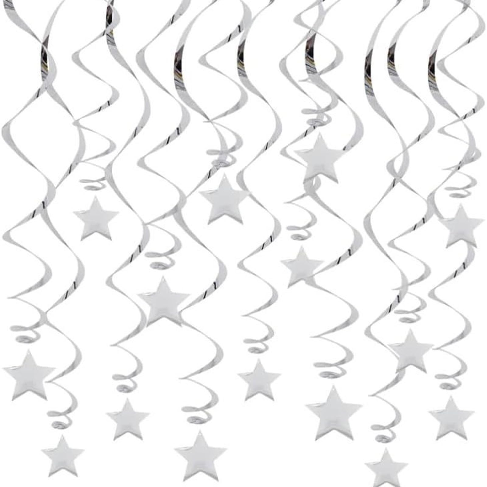 24Pcs Silver Party Decorations Hanging Stars Swirls, Reflective Foil Streamers for Ceiling, Silver Birthday Decorations for Women Men, Star Garland for Wedding Graduation Party Supplies