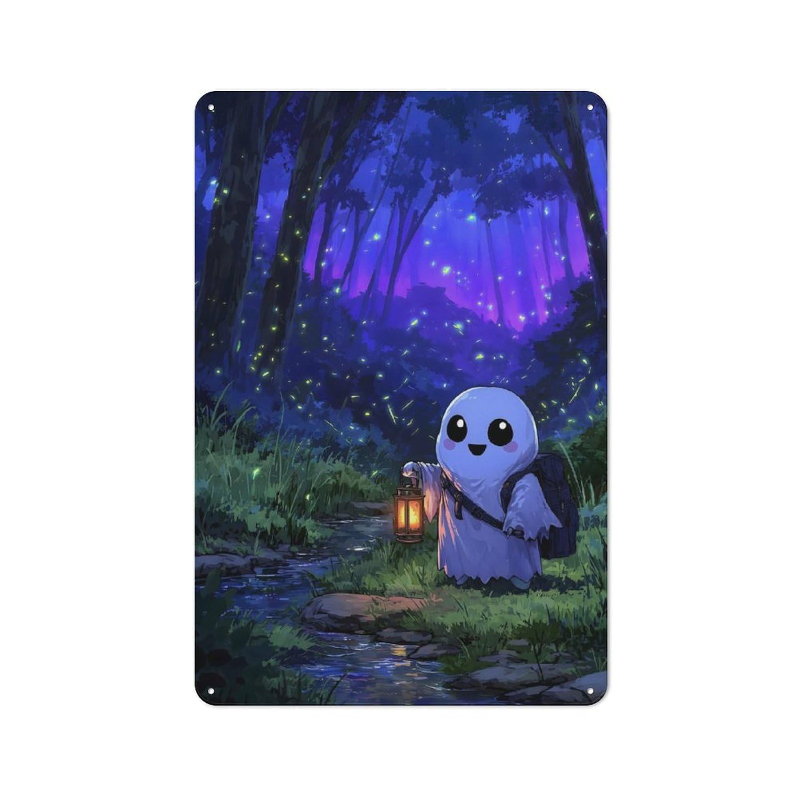 Junmoney Cute Ghost With Lantern In Forest Retro Tin Sign 30X20cm For Garden Room Or Summerhouse, A Housewarming Gift For Garden Room Decor Fans