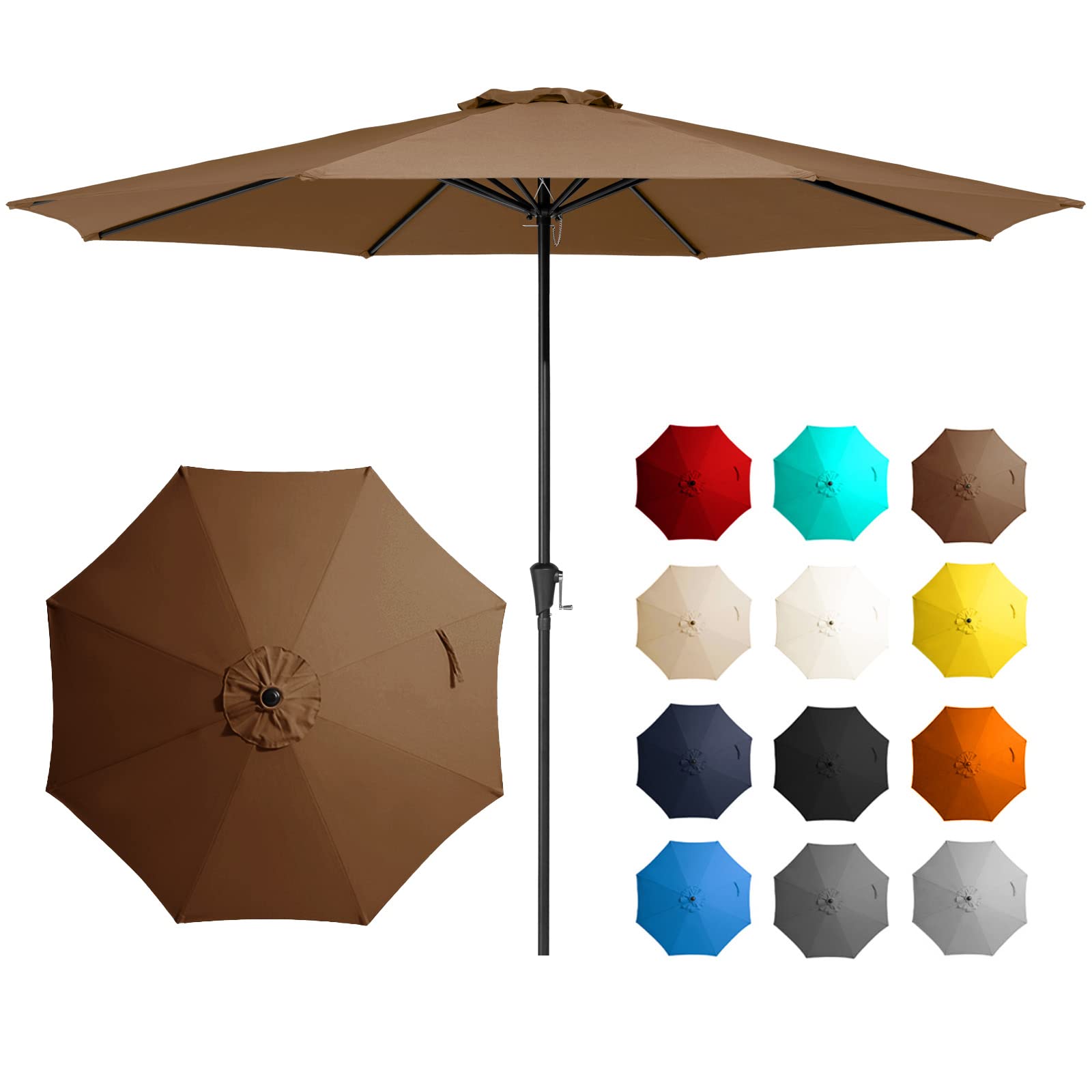 JEAREY 11FT Patio Umbrellas Outdoor Large Market Umbrella With Crank Lift System 8 Sturdy Ribs UV Protection Waterproof Sunproof, Brown