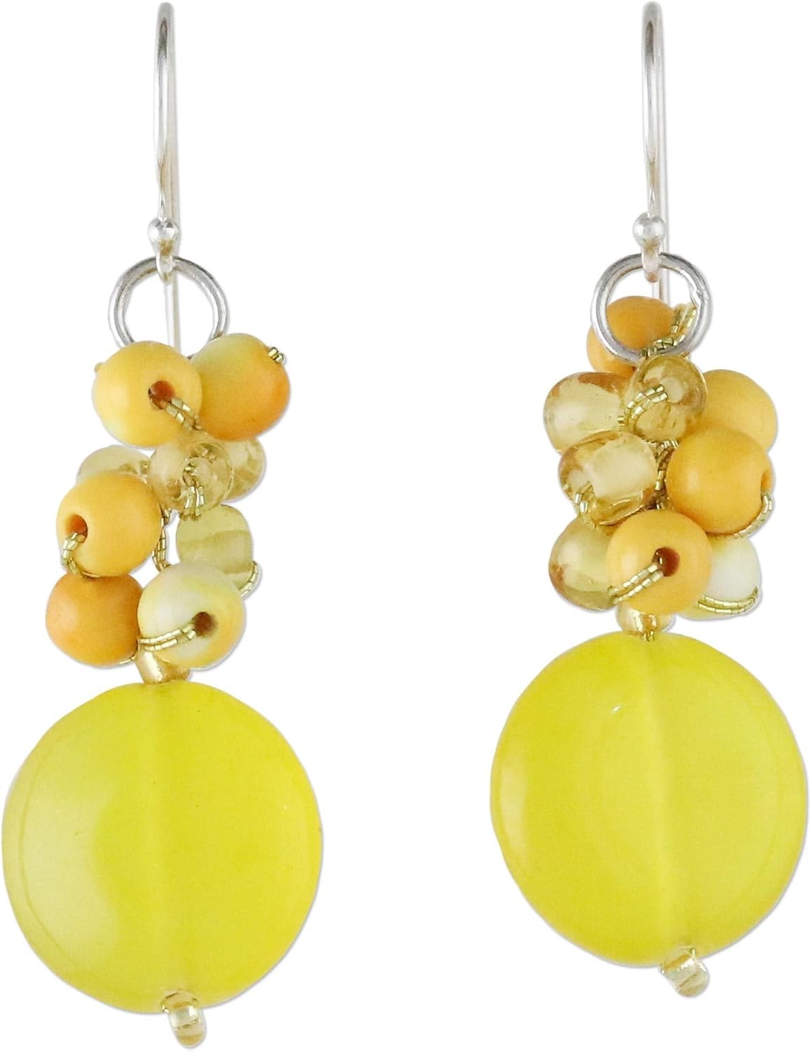 NOVICA Artisan Handmade Quartz Beaded Dangle Earrings Glass from Thailand Sterling Silver Yellow Birthstone [1.8 in L x 0.6 in W] ' Fun Circles in Yellow'