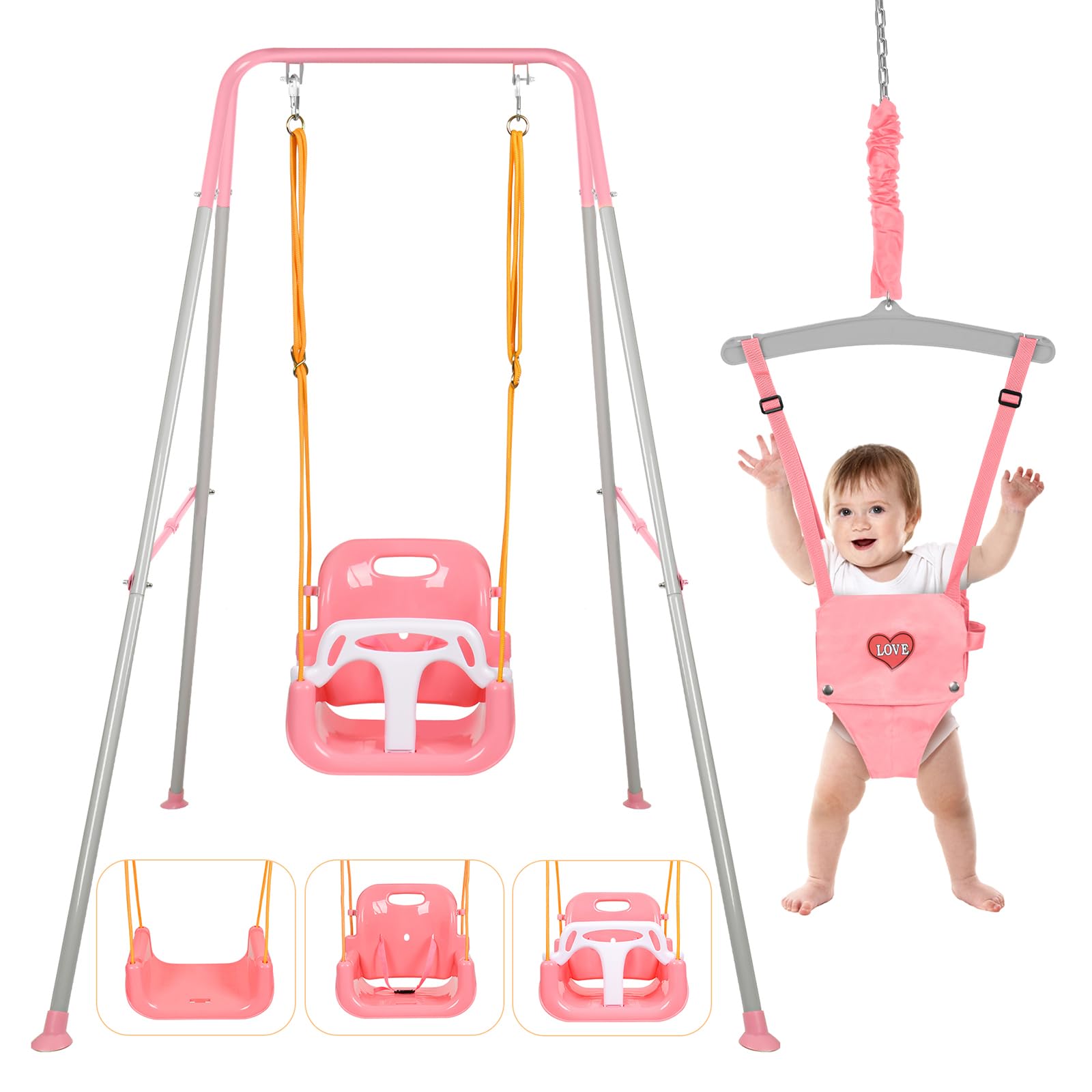 Bighaki808 4-in-1 Swing Set & Baby Jumper and Bouncer for Toddler, Heavy Duty Baby Swing Set with Foldable Metal Stand for Indoor & Outdoor Play,