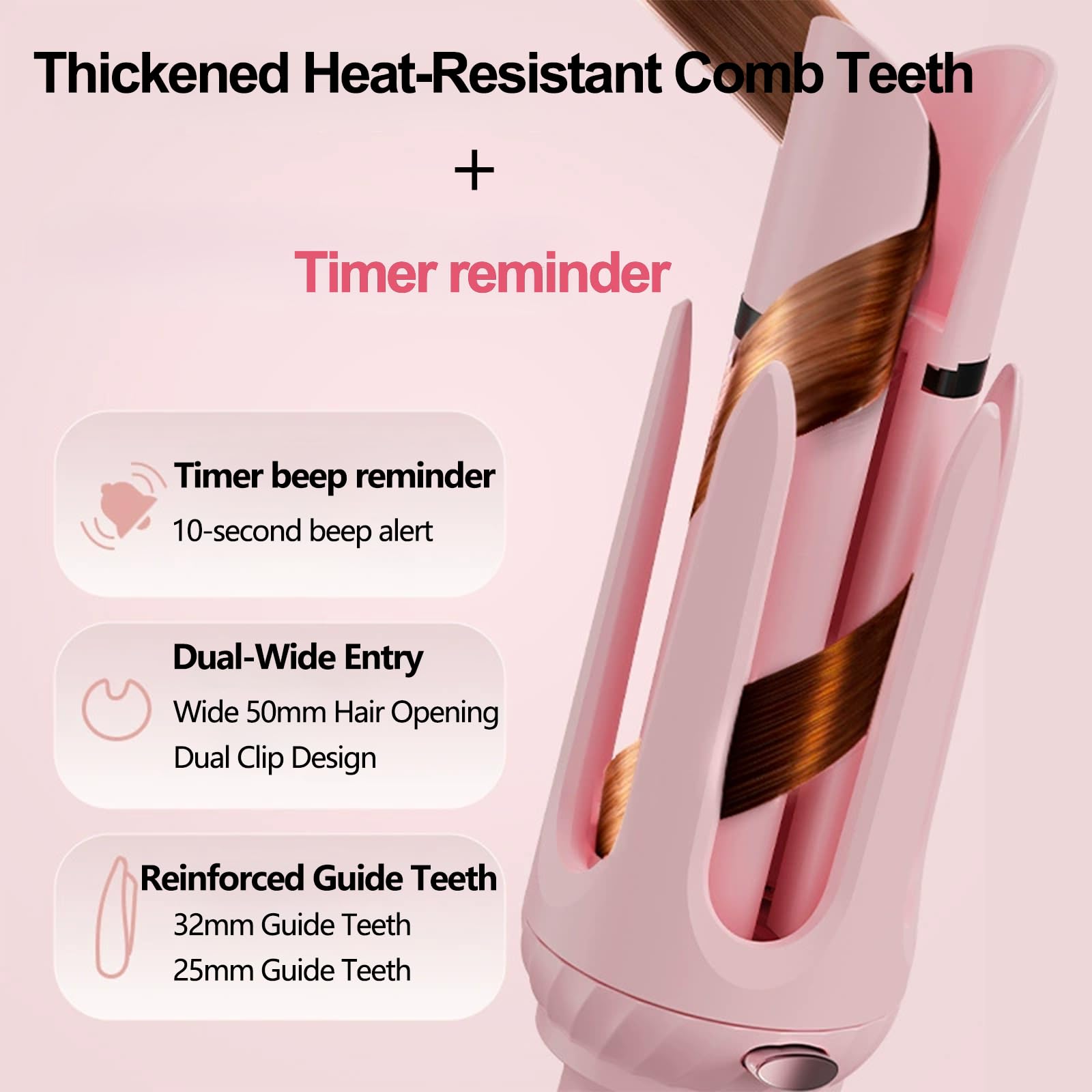 Rizador de Pelo Automático 3 en 1 Rosa - Recubrimiento de Cerámica Hielo, Calentamiento Rápido 30s, 5 Temperaturas (160°C-200°C), Apagado Automático 40min, Alerta Sonora, color rosa