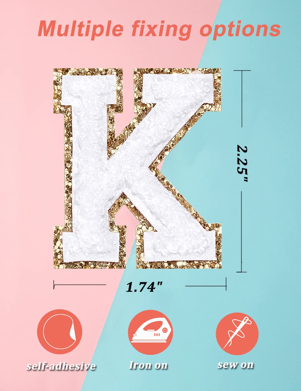 3Pcs Chenille Letter Patches Iron on Patches Glitter Varsity Letter Patches Embroidered Patch Gold Border Sew On Patches for Clothing Hat Shirt Bag (White, K)