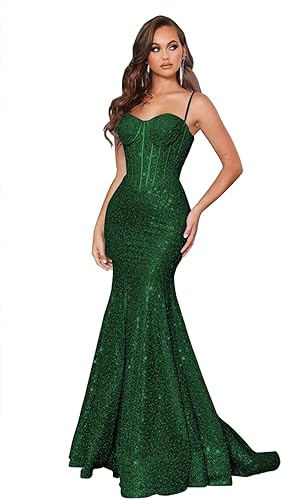 Huaxiafan Vestidos de fiesta de sirena con lentejuelas para mujer, con tirantes delgados, vestido formal brillante, vestidos de noche