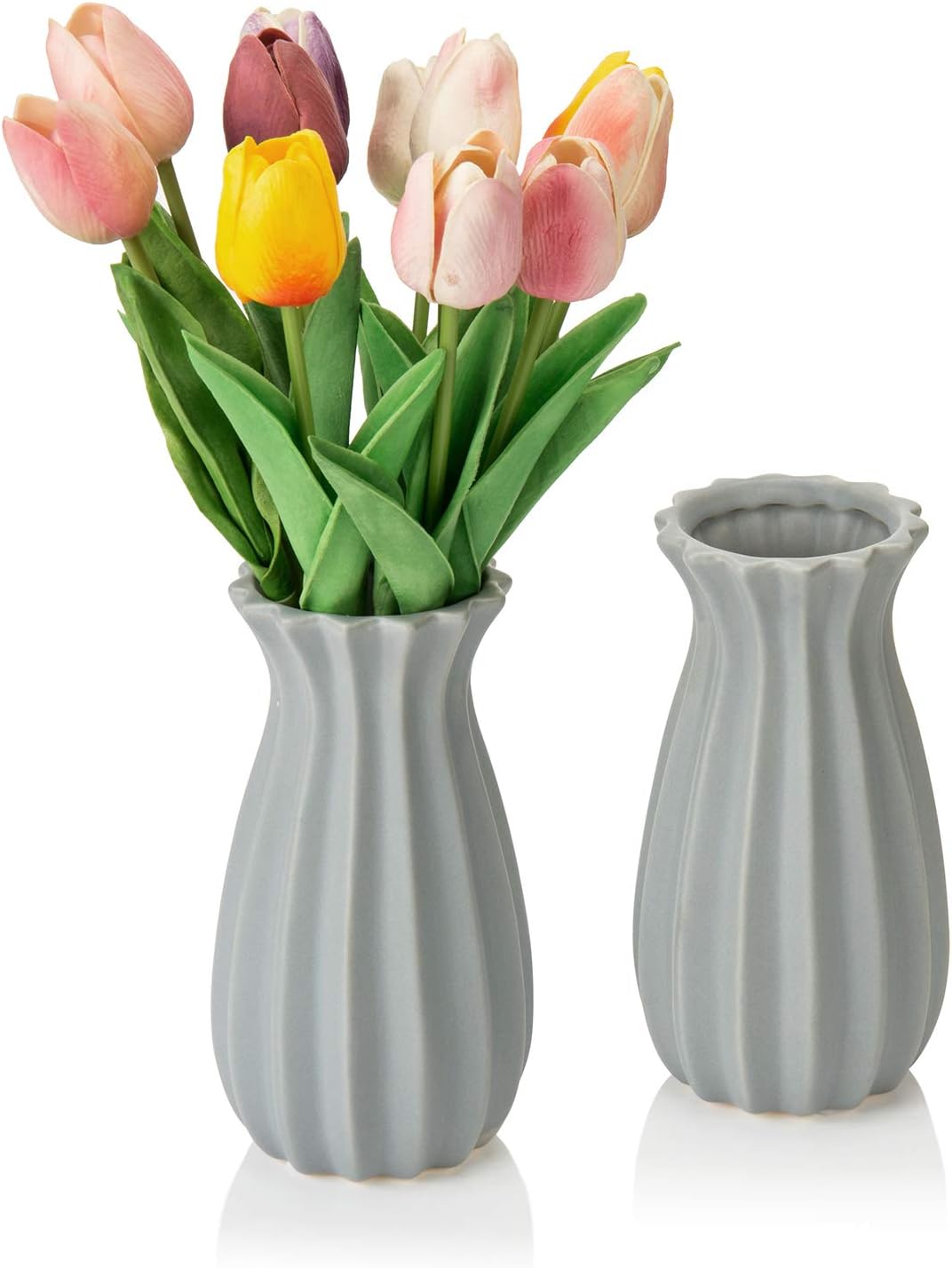MyGift 7inch Vintage Matte Gray Tulip Design Ribbed Ceramic Flower Vases, Set of 2