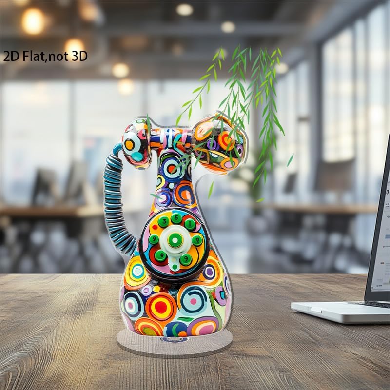 2D Flat Acrylic Display Plaque, Vibrant Colorful Telephone Sculpture With Patterned Handle Circular Dial And Green Buttons For A Decorative Touch. Rotatable, With Base