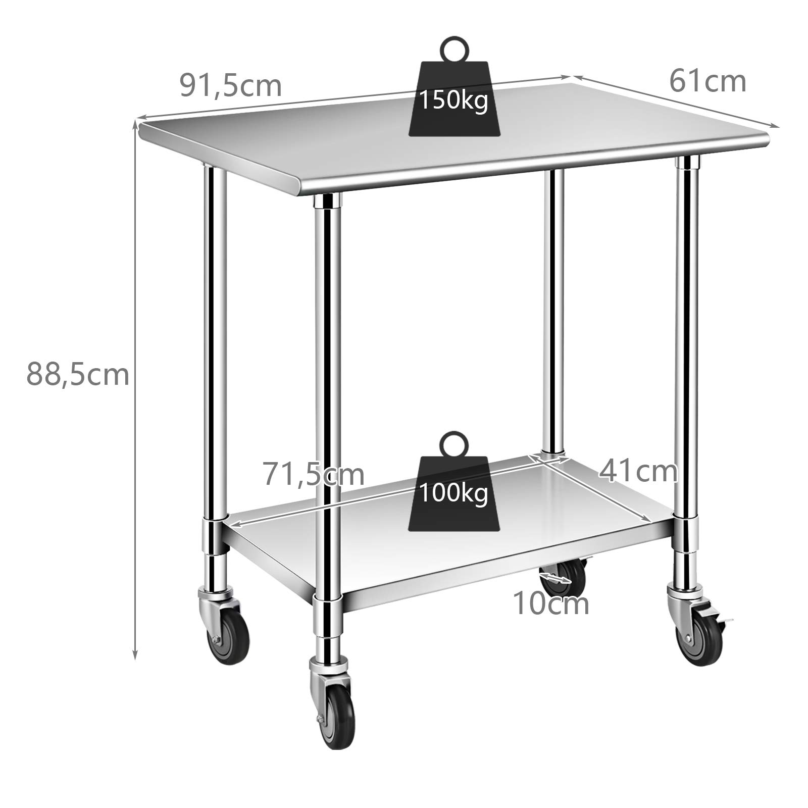 GOPLUS Mesa de Trabajo de Acero Inoxidable, Banco de Trabajo con 4 Ruedas giratorias 360°, Carrito para Servir, Carrito de Cocina con Estante Ajustable, soporta hasta 250 kg, 2 Ruedas con Freno