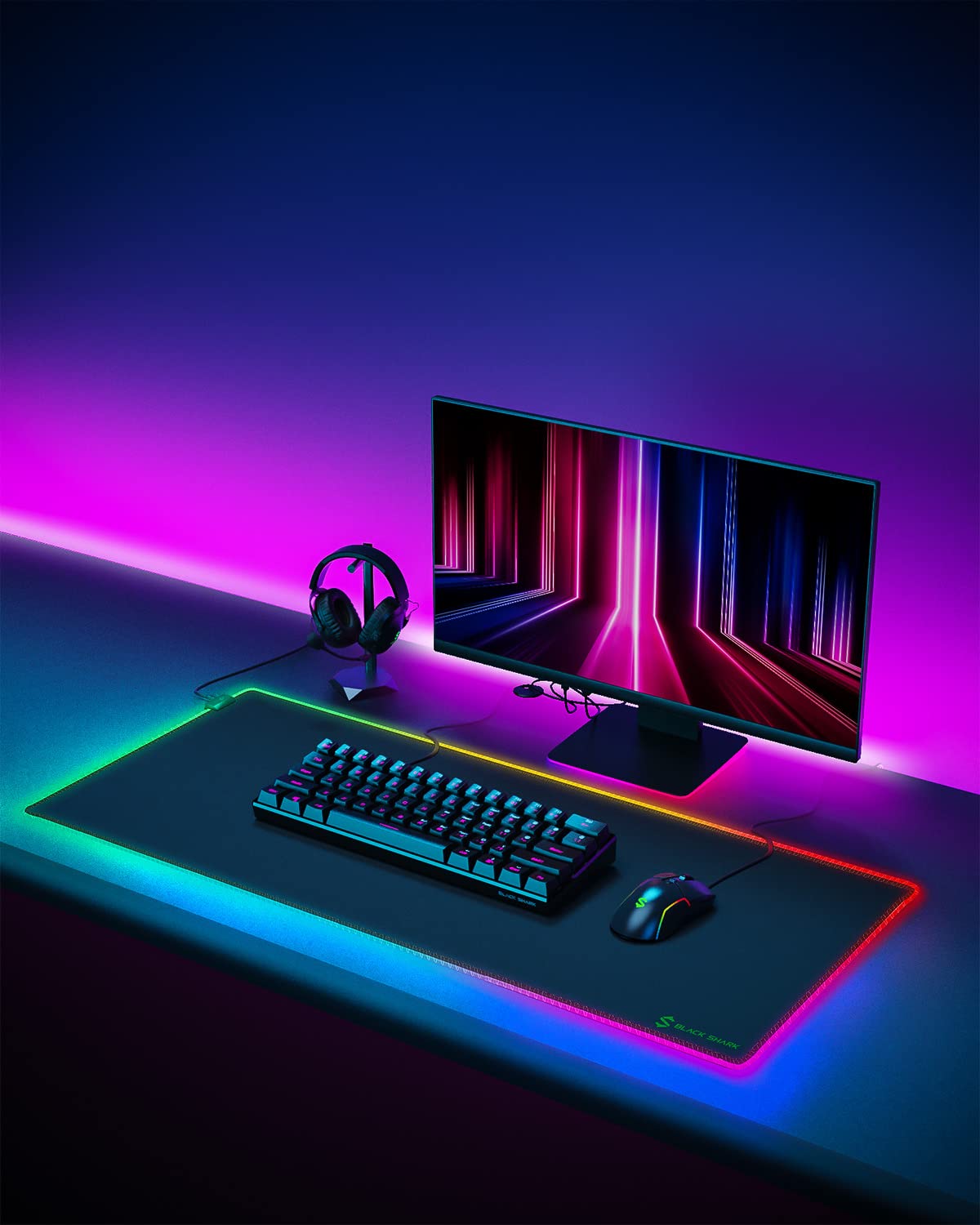 Black Shark Tappetino per mouse da gaming, XXL, 900 x 400 mm, 11 modalità di illuminazione a LED, superficie in microfibra, fondo in gomma antiscivolo, tappetino per mouse decorativo Manta P7