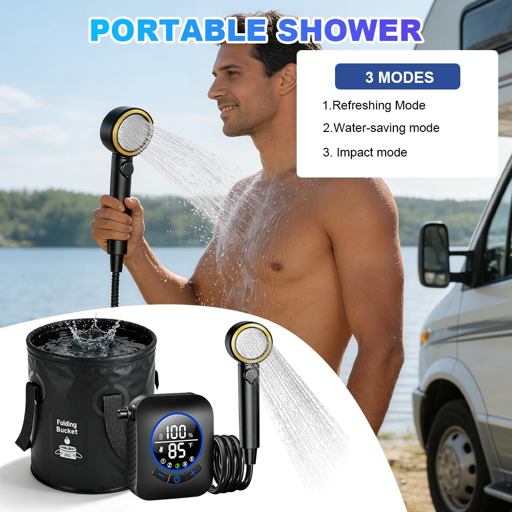 Set doccia da campeggio 2026 aggiornamento, batteria da 6000 mAh/8000 mAh e display intelligente, secchio da 5 galloni, soffione doccia a 4 modalità per viaggi all'aperto, accessori da